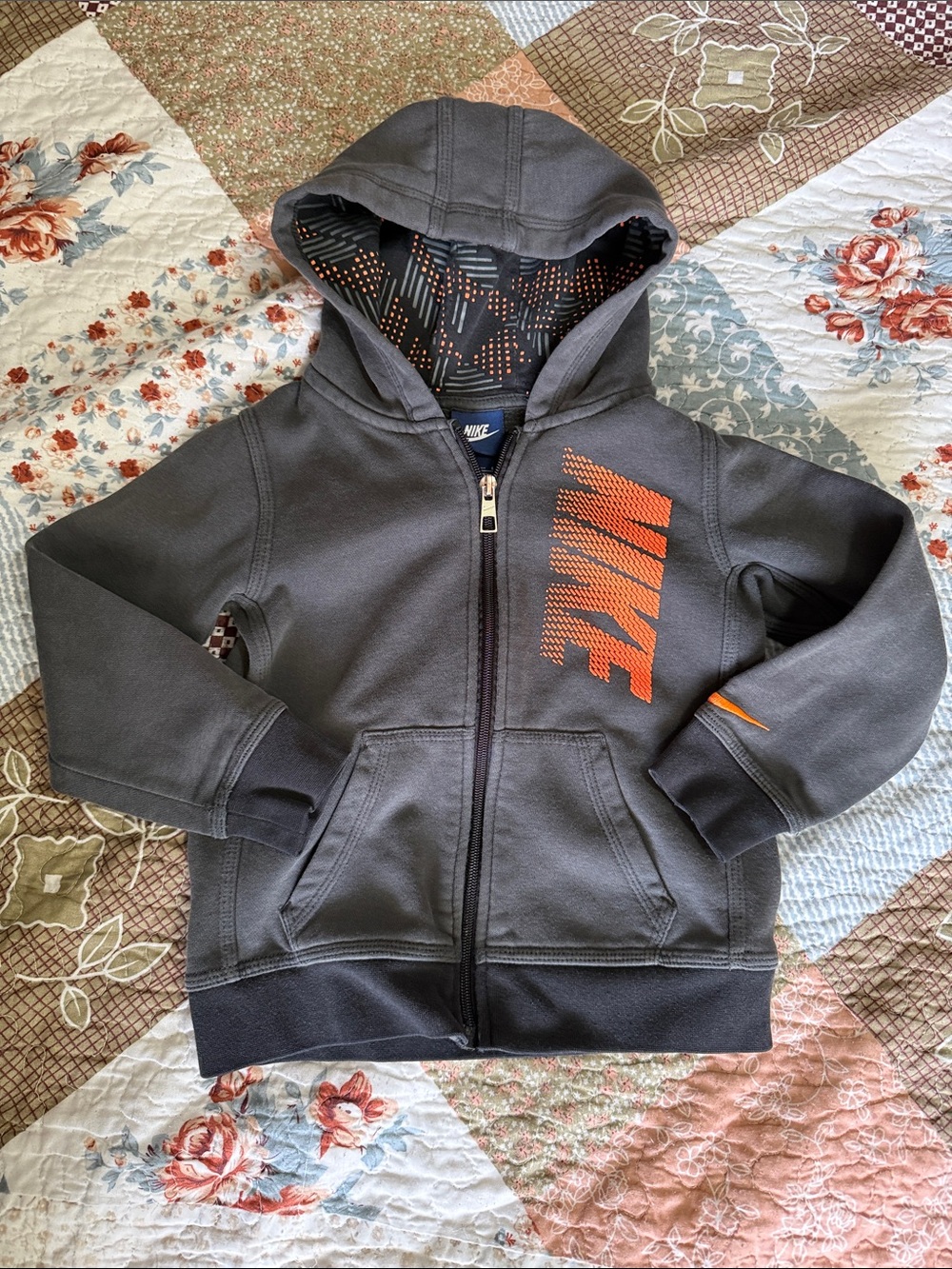 Nike Boys Gray Zip Hoodie with Orange Logo size small